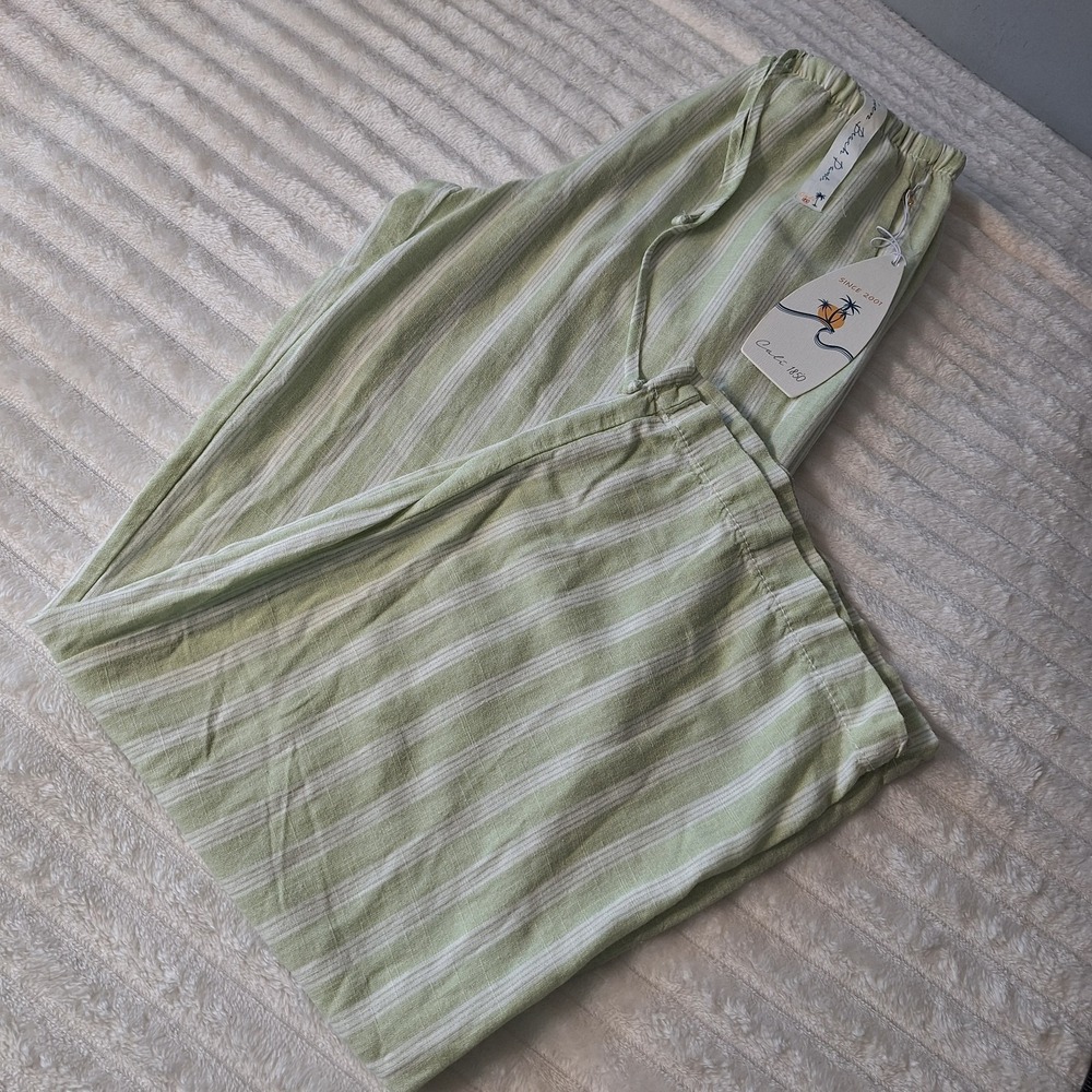 CALI 1850 Wide Leg Linen Blend Beach Pants Womens S Sage Striped Coastal Preppy